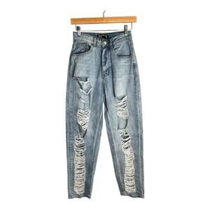 Pretty Little Thing Boyfriend Denim High Waist Distressed Tapered Jeans Sz 2